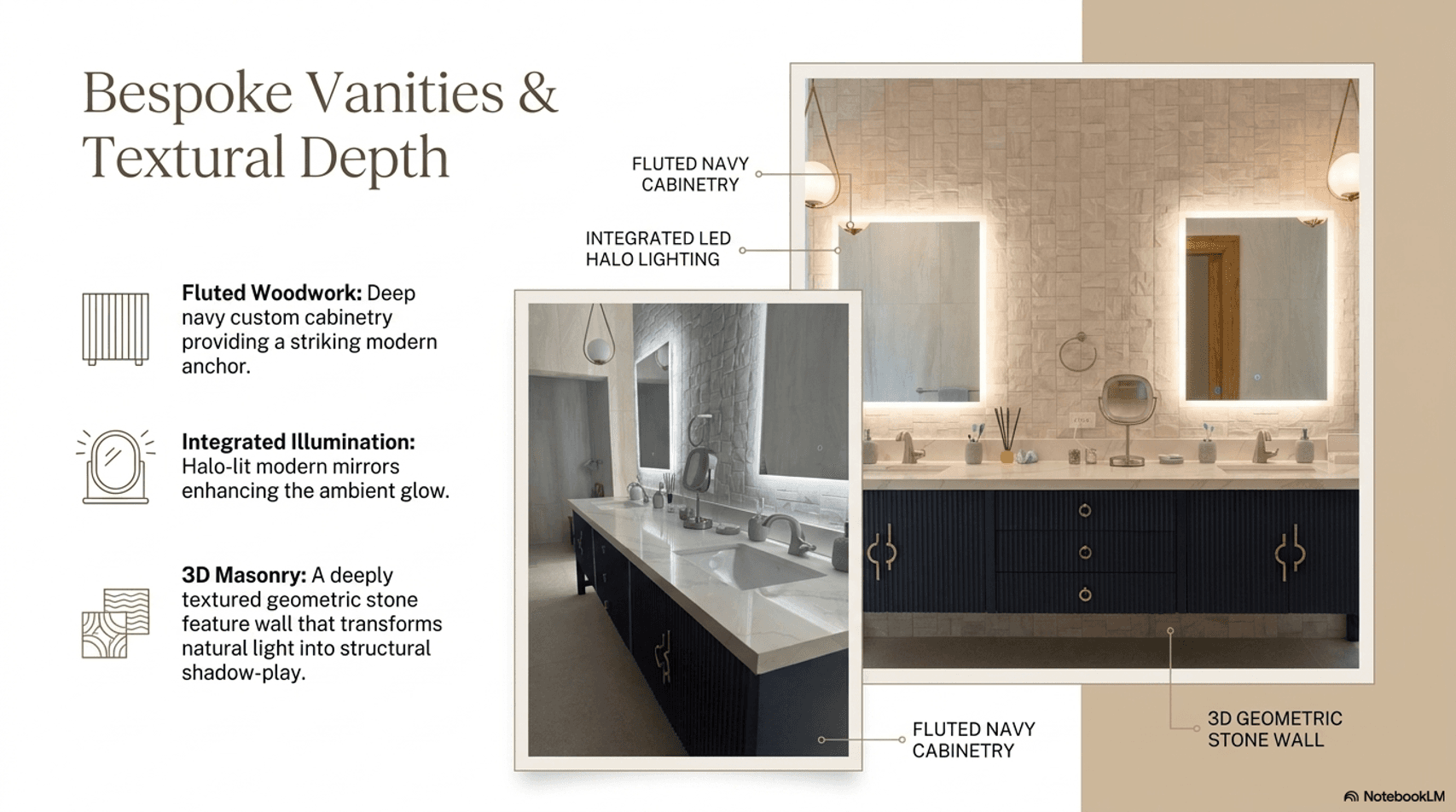Bathroom vanity presentation with notes and arrows